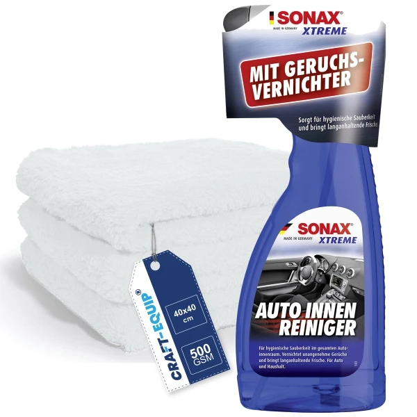 SONAX Xtreme 500ml Auto Innen Reiniger + 3 Stück Craft-Equip randlose Microfasertücher